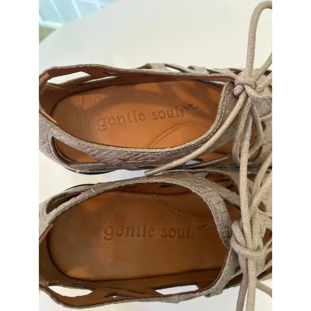 Gentle Souls Okey Dokey Neutral Leather Cage Sandals 7 Lace Up Lattice Cut Out
